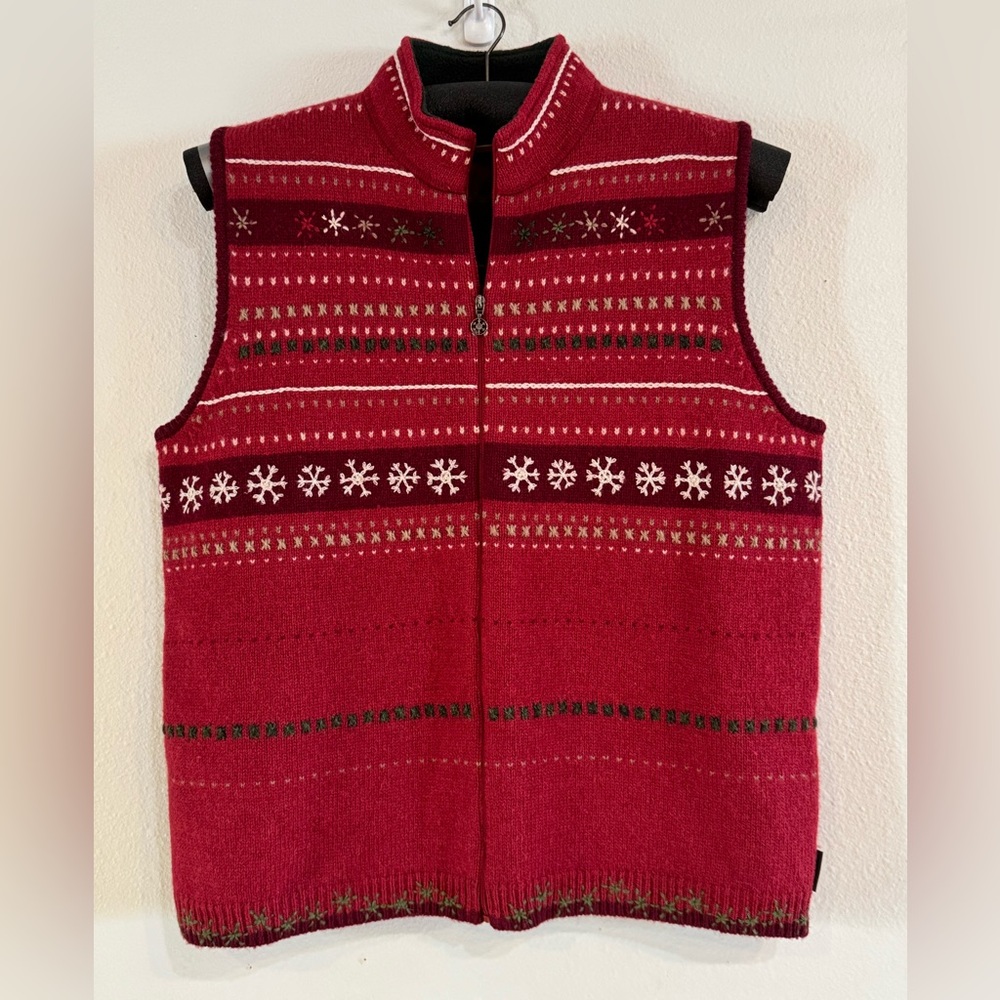Woolrich Vintage 100% Wool Full Zip Vest Red Snowflake Fair Isle Size Large